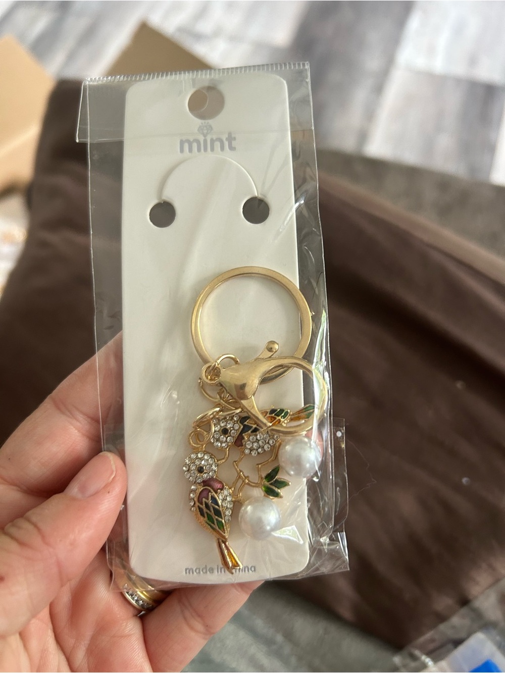 Mint Gold-Tone Enamel Bird Key & Pearl Charm with Crystal Flowers